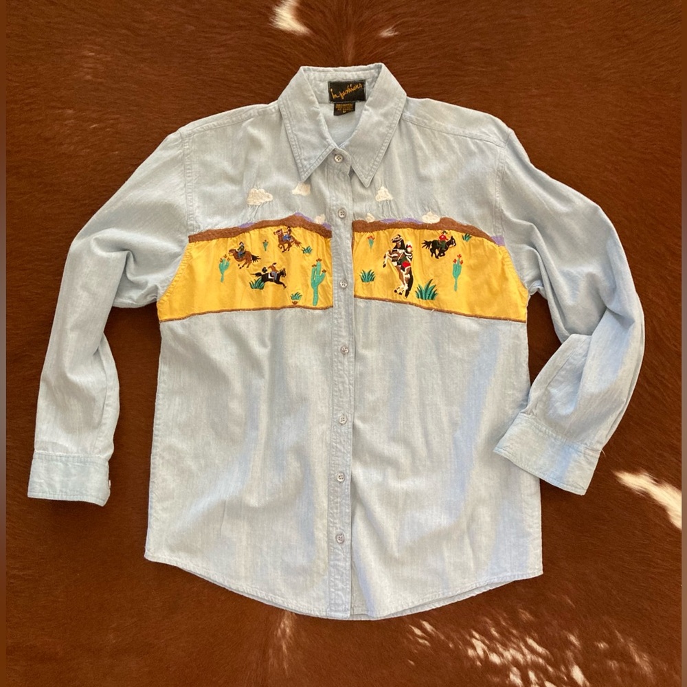 *Vintage* Western Custom Embroidered Lightweight Denim Button-Up